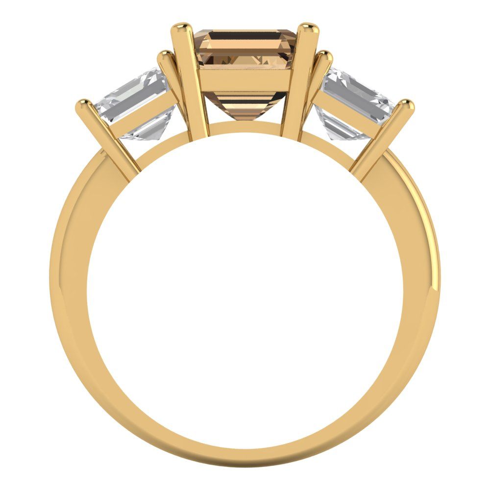 4 cttw Zirconia Simulated Champagne Diamond Three-Stone Engagement Ring - Solid Gold (VVS1, Square Emerald Cut,7.0X7.0mm)