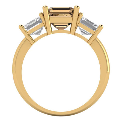 4 cttw Zirconia Simulated Champagne Diamond Three-Stone Engagement Ring - Solid Gold (VVS1, Square Emerald Cut,7.0X7.0mm)