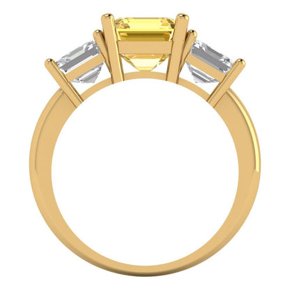 4 cttw Zirconia Simulated Yellow Diamond Three-Stone Engagement Ring - Solid Yellow Gold (VVS1, Square Emerald Cut,7.0X7.0mm)
