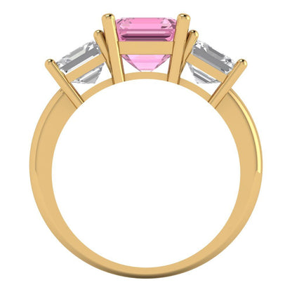 4 cttw Zirconia Simulated Pink Diamond Three-Stone Engagement Ring - Solid Gold (VVS1, Square Emerald Cut,7.0X7.0mm)