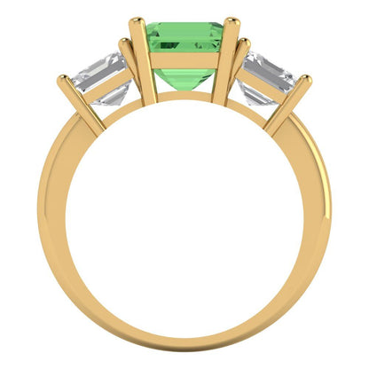 4 cttw Zirconia Simulated Green Diamond Three-Stone Engagement Ring - Solid Yellow Gold (VVS1, Square Emerald Cut,7.0X7.0mm)