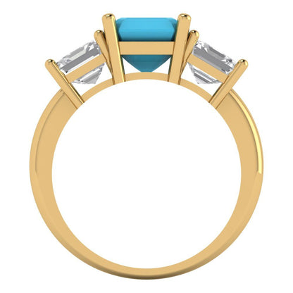 4 cttw Simulated Turquoise Three-Stone Engagement Ring - Solid Gold (Square Emerald Cut,7.0X7.0mm)