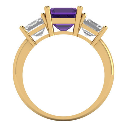 4 cttw Natural Amethyst Three-Stone Engagement Ring - Solid Gold (Square Emerald Cut,7.0X7.0mm)