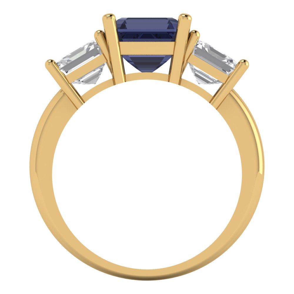 4 cttw Simulated Blue Sapphire Three-Stone Engagement Ring - Solid Yellow Gold (VVS1, Square Emerald Cut,7.0X7.0mm)
