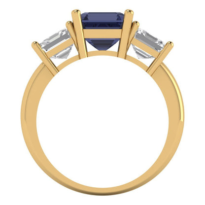 4 cttw Simulated Blue Sapphire Three-Stone Engagement Ring - Solid Yellow Gold (VVS1, Square Emerald Cut,7.0X7.0mm)