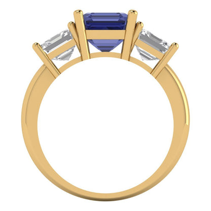 4 cttw Simulated Tanzanite Three-Stone Engagement Ring - Solid Gold (Square Emerald Cut,7.0X7.0mm)