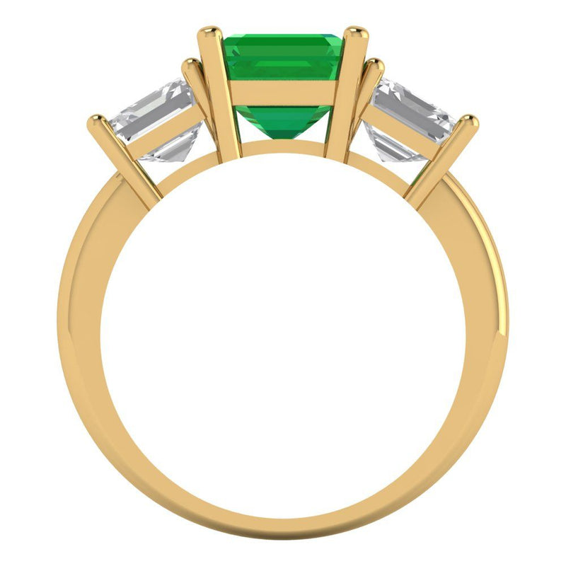 4.0 ct Brilliant Square Emerald Cut Simulated Emerald Stone Yellow Gold Three-Stone Ring
