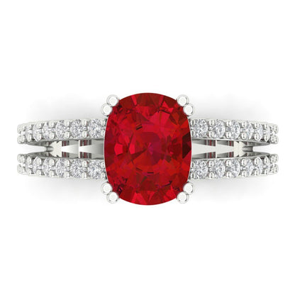 3.48 cttw Simulated Ruby Solitaire with Zirconia Simulated Diamond Accents Engagement Ring - Solid White Gold (VVS1, Long Cushion Cut,9x7mm)