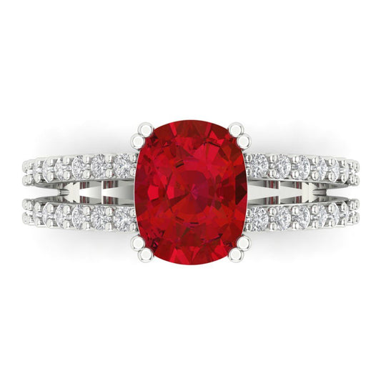 3.48 cttw Simulated Ruby Solitaire with Zirconia Simulated Diamond Accents Engagement Ring - Solid White Gold (VVS1, Long Cushion Cut,9x7mm)
