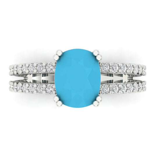 3.48 cttw Simulated Turquoise Solitaire with Zirconia Simulated Diamond Accents Engagement Ring - Solid White Gold (VVS1, Long Cushion Cut,9x7mm)