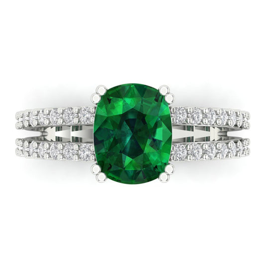 3.48 cttw Simulated Emerald Solitaire with Zirconia Simulated Diamond Accents Engagement Ring - Solid White Gold (VVS1, Long Cushion Cut,9x7mm)