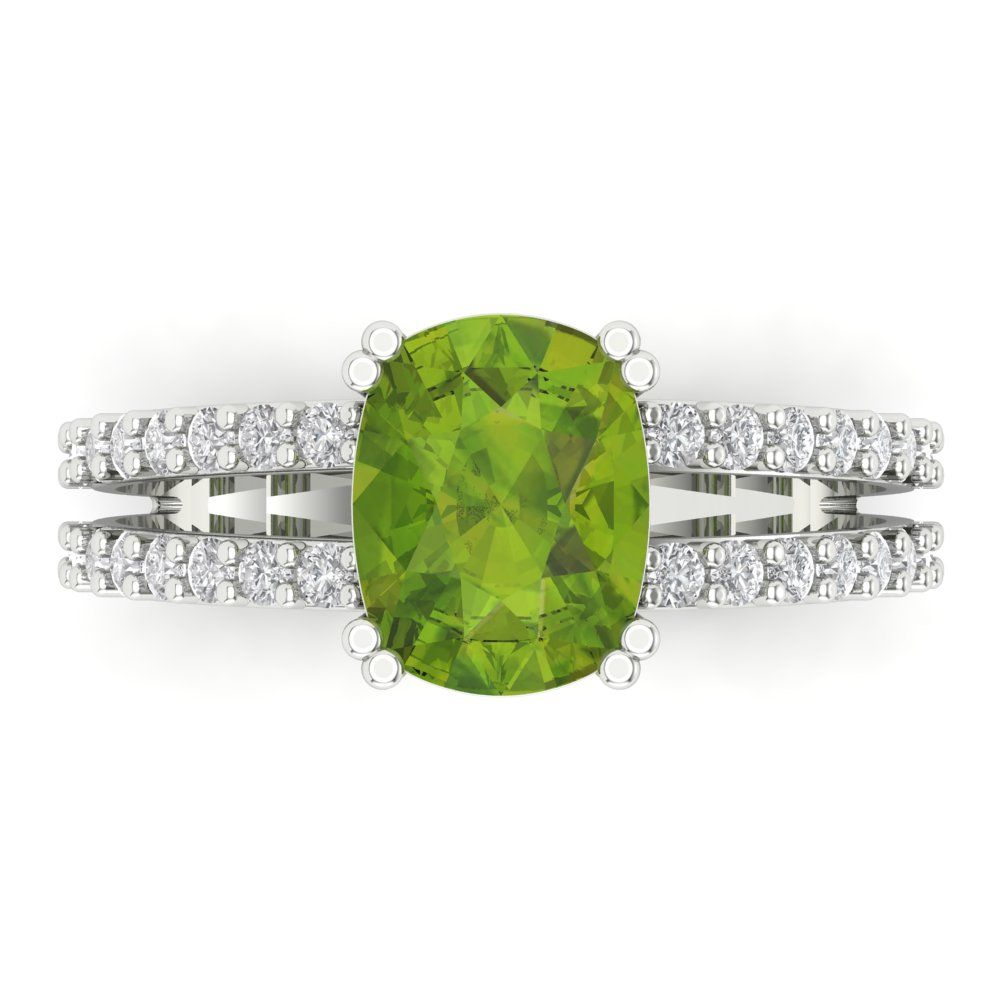 3.48 cttw Natural Peridot Solitaire with Zirconia Simulated Diamond Accents Engagement Ring - Solid Gold (Long Cushion Cut,9x7mm)