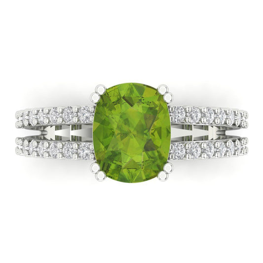 3.48 cttw Natural Peridot Solitaire with Zirconia Simulated Diamond Accents Engagement Ring - Solid White Gold (VVS1, Long Cushion Cut,9x7mm)