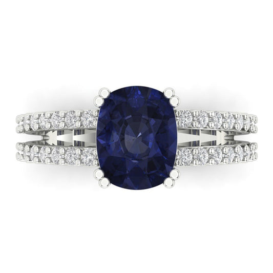 3.48 cttw Simulated Blue Sapphire Solitaire with Zirconia Simulated Diamond Accents Engagement Ring - Solid White Gold (VVS1, Long Cushion Cut,9x7mm)
