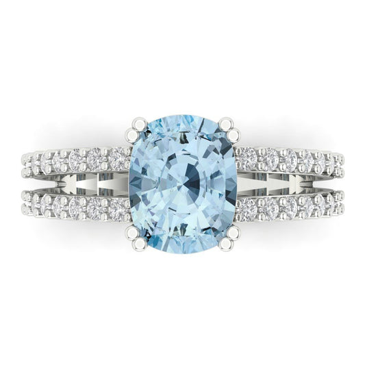 3.48 cttw Natural Aquamarine Solitaire with Zirconia Simulated Diamond Accents Engagement Ring - Solid White Gold (VVS1, Long Cushion Cut,9x7mm)