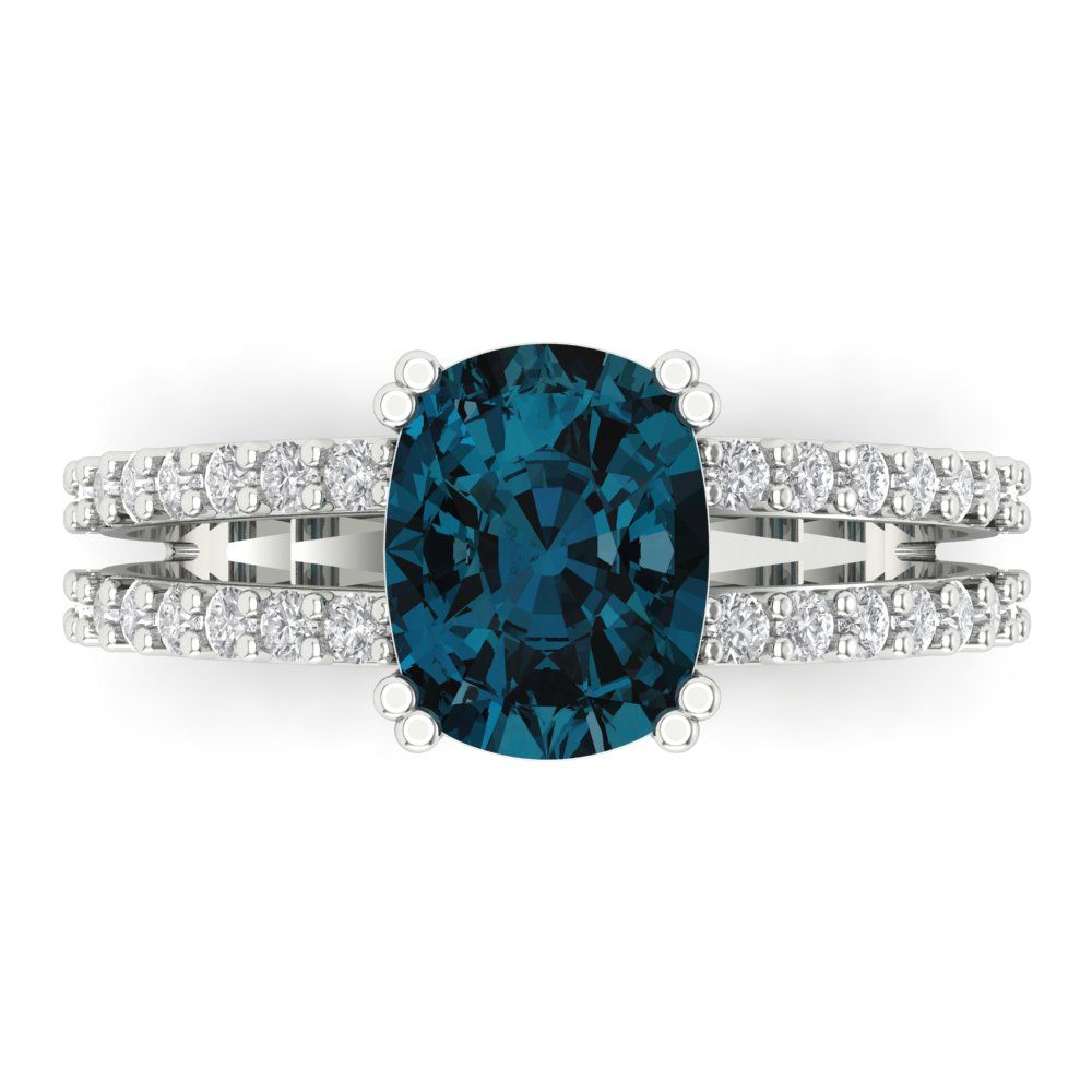 3.48 cttw Natural London Blue Topaz Solitaire with Zirconia Simulated Diamond Accents Engagement Ring - Solid Gold (Long Cushion Cut,9x7mm)