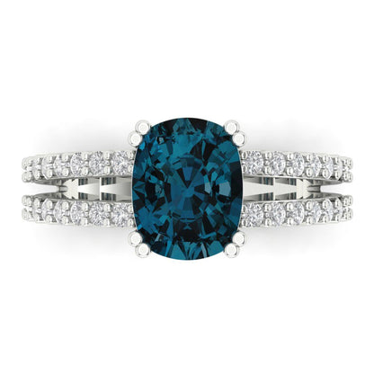 3.48 cttw Natural London Blue Topaz Solitaire with Zirconia Simulated Diamond Accents Engagement Ring - Solid Gold (Long Cushion Cut,9x7mm)
