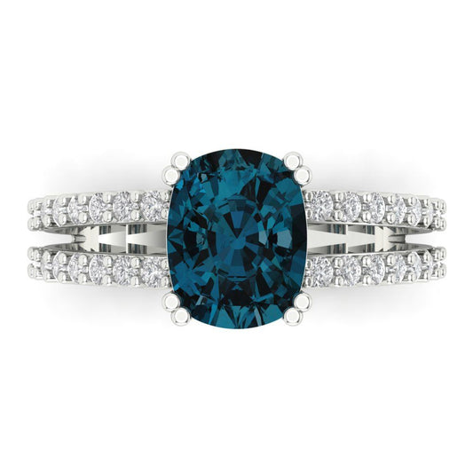 3.48 cttw Natural London Blue Topaz Solitaire with Zirconia Simulated Diamond Accents Engagement Ring - Solid White Gold (VVS1, Long Cushion Cut,9x7mm)