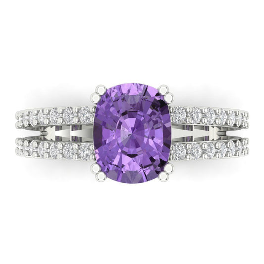 3.48 cttw Simulated Alexandrite Solitaire with Zirconia Simulated Diamond Accents Engagement Ring - Solid White Gold (VVS1, Long Cushion Cut,9x7mm)