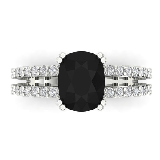 3.48 cttw Natural Onyx Solitaire with Zirconia Simulated Diamond Accents Engagement Ring - Solid White Gold (VVS1, Long Cushion Cut,9x7mm)