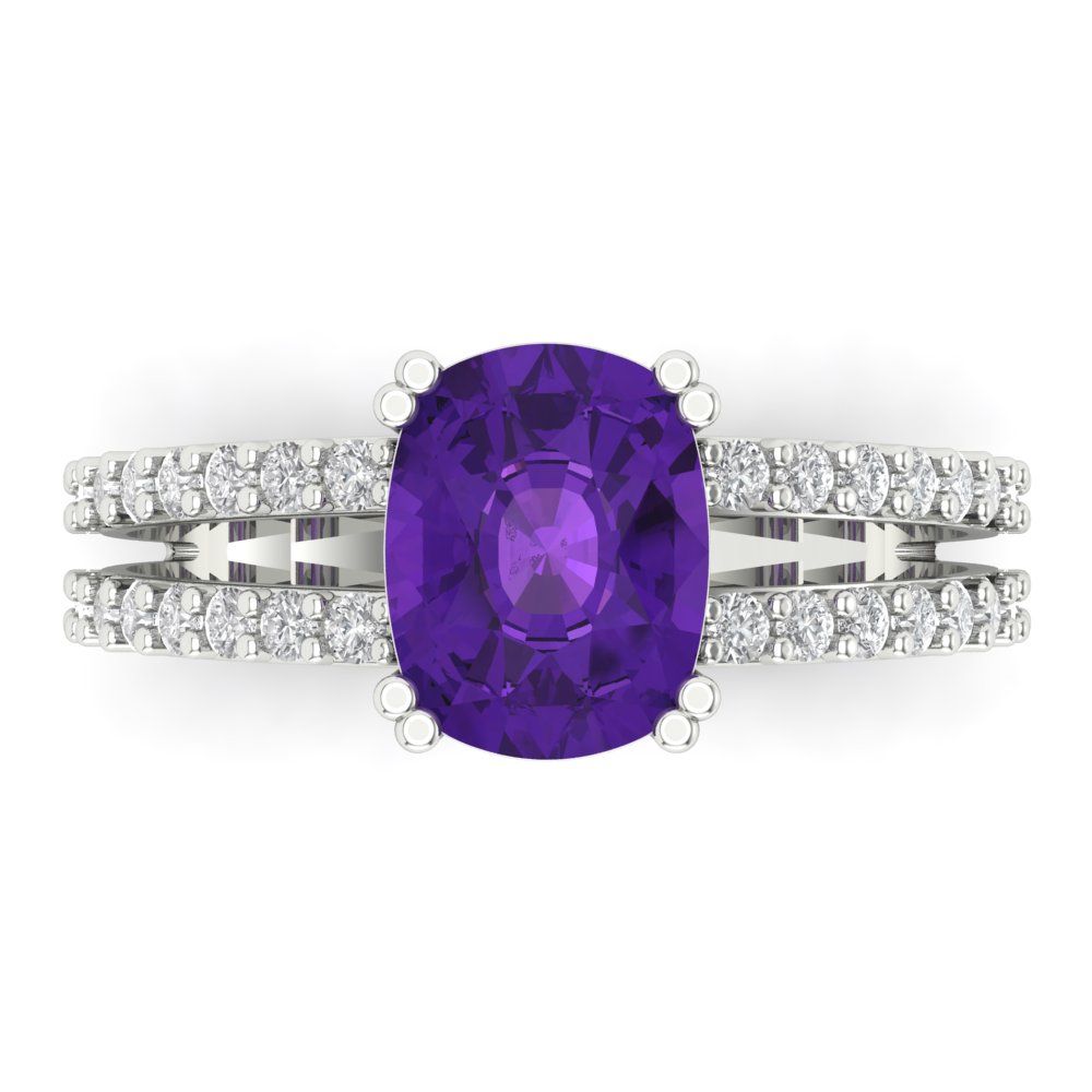 3.48 cttw Natural Amethyst Solitaire with Zirconia Simulated Diamond Accents Engagement Ring - Solid Gold (Long Cushion Cut,9x7mm)