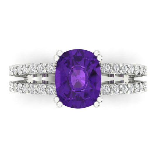 3.48 cttw Natural Amethyst Solitaire with Zirconia Simulated Diamond Accents Engagement Ring - Solid White Gold (VVS1, Long Cushion Cut,9x7mm)
