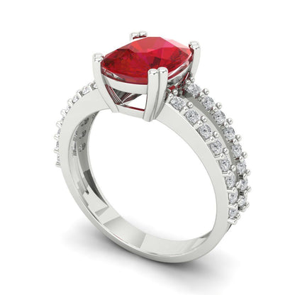 3.48 cttw Simulated Ruby Solitaire with Zirconia Simulated Diamond Accents Engagement Ring - Solid White Gold (VVS1, Long Cushion Cut,9x7mm)