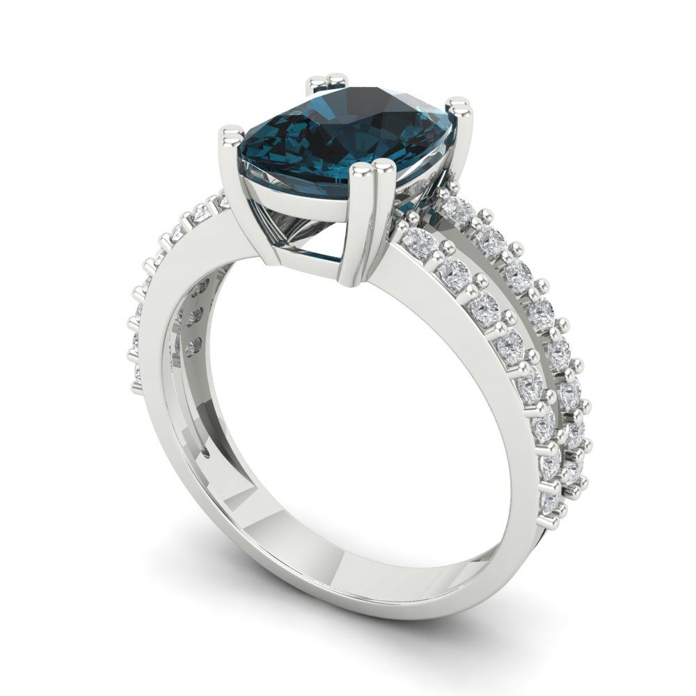 3.48 cttw Natural London Blue Topaz Solitaire with Zirconia Simulated Diamond Accents Engagement Ring - Solid Gold (Long Cushion Cut,9x7mm)
