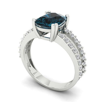 3.48 cttw Natural London Blue Topaz Solitaire with Zirconia Simulated Diamond Accents Engagement Ring - Solid Gold (Long Cushion Cut,9x7mm)