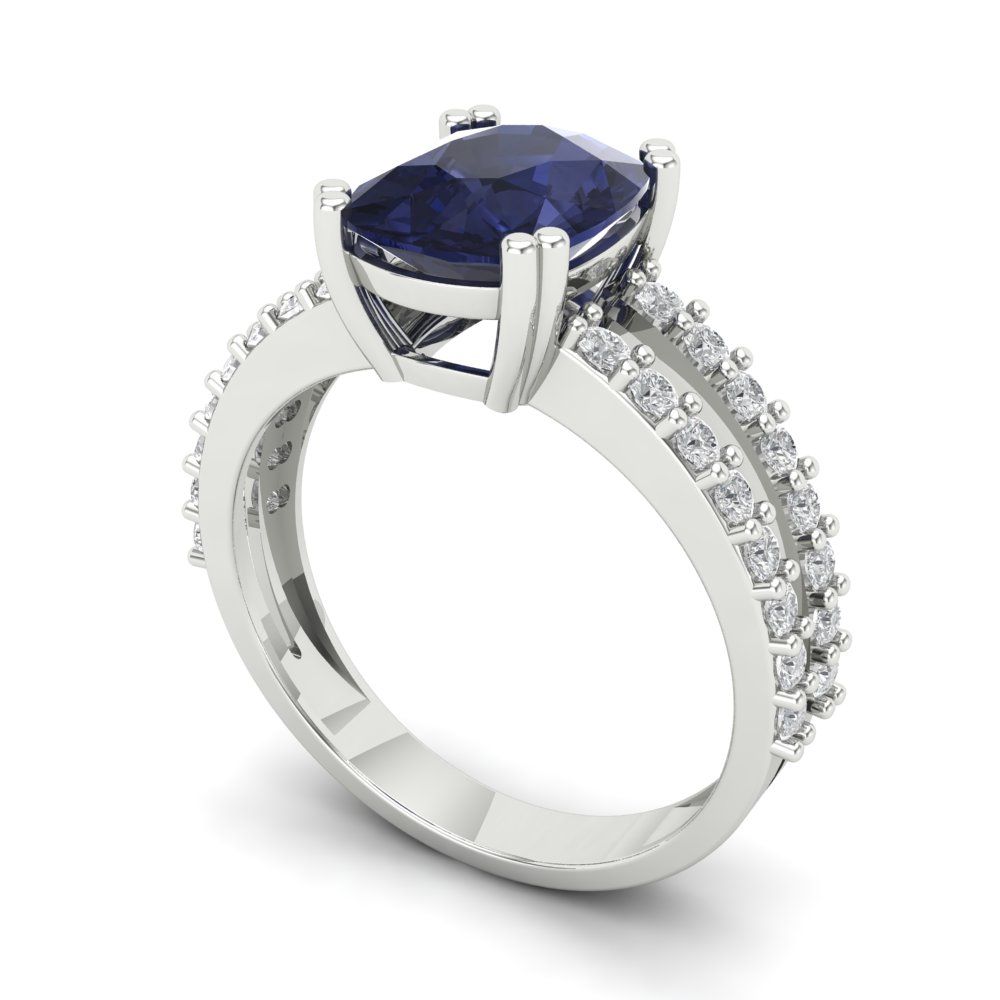 3.48 cttw Simulated Blue Sapphire Solitaire with Zirconia Simulated Diamond Accents Engagement Ring - Solid Gold (Long Cushion Cut,9x7mm)