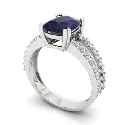 3.48 cttw Simulated Blue Sapphire Solitaire with Zirconia Simulated Diamond Accents Engagement Ring - Solid Gold (Long Cushion Cut,9x7mm)