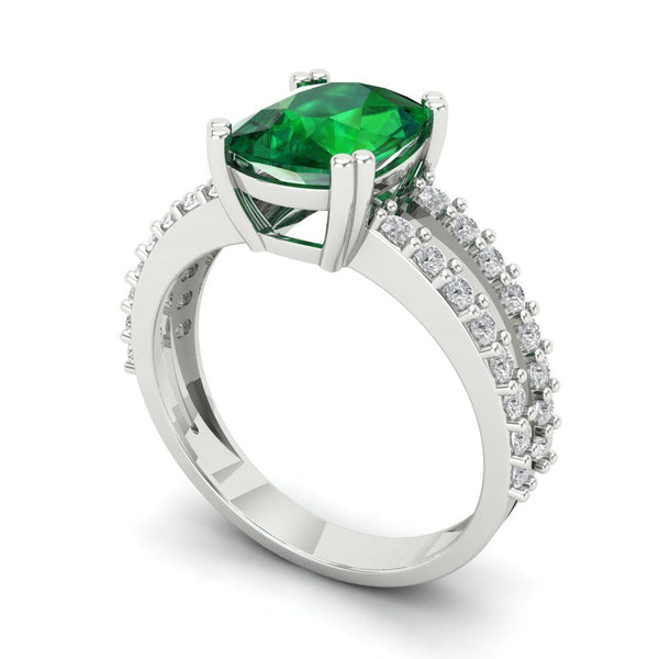 3.96 ct Brilliant Cushion Cut Simulated Emerald Stone White Gold Solitaire with Accents Ring