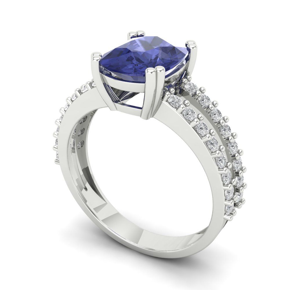 3.48 cttw Simulated Tanzanite Solitaire with Zirconia Simulated Diamond Accents Engagement Ring - Solid Gold (Long Cushion Cut,9x7mm)