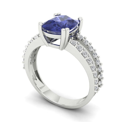 3.48 cttw Simulated Tanzanite Solitaire with Zirconia Simulated Diamond Accents Engagement Ring - Solid Gold (Long Cushion Cut,9x7mm)