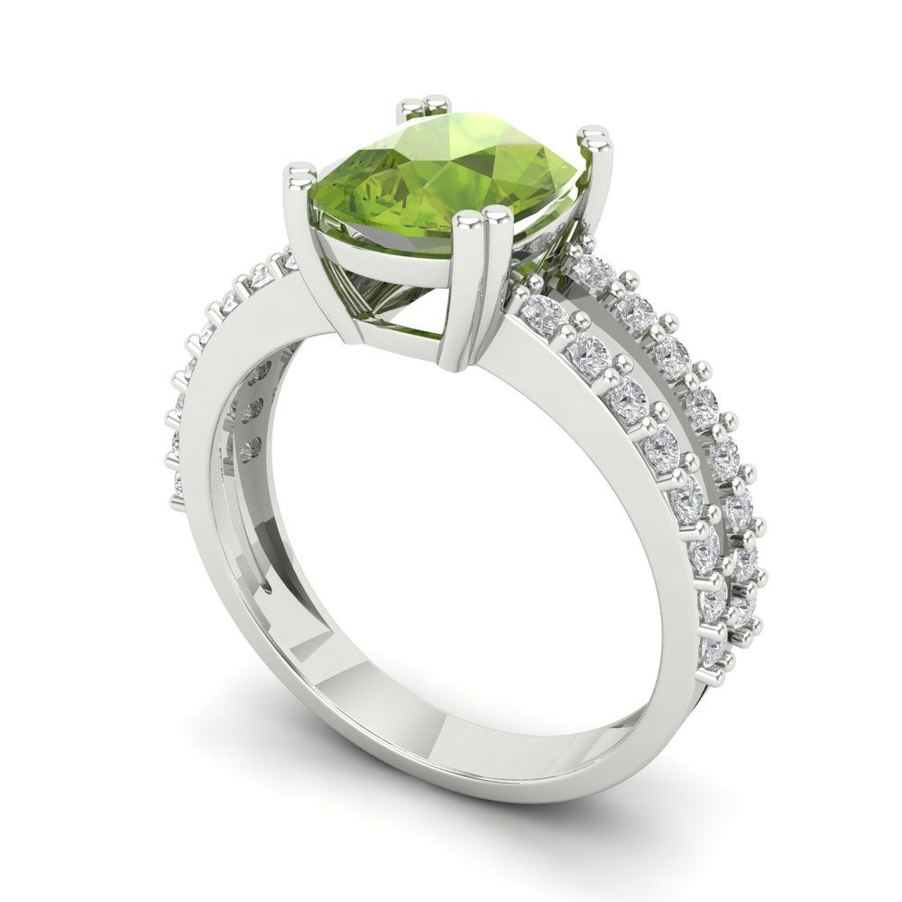 3.48 cttw Natural Peridot Solitaire with Zirconia Simulated Diamond Accents Engagement Ring - Solid Gold (Long Cushion Cut,9x7mm)