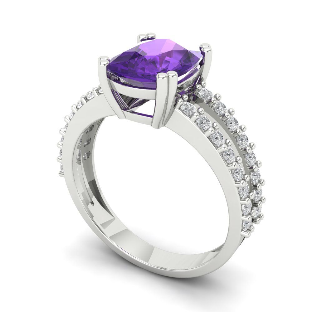 3.48 cttw Natural Amethyst Solitaire with Zirconia Simulated Diamond Accents Engagement Ring - Solid Gold (Long Cushion Cut,9x7mm)