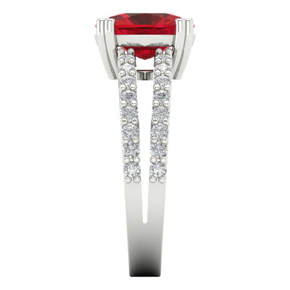 3.48 cttw Simulated Ruby Solitaire with Zirconia Simulated Diamond Accents Engagement Ring - Solid White Gold (VVS1, Long Cushion Cut,9x7mm)