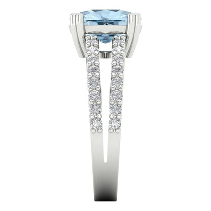 3.48 cttw Natural Sky Blue Topaz Solitaire with Zirconia Simulated Diamond Accents Engagement Ring - Solid Gold (Long Cushion Cut,9x7mm)