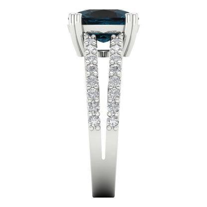 3.48 cttw Natural London Blue Topaz Solitaire with Zirconia Simulated Diamond Accents Engagement Ring - Solid Gold (Long Cushion Cut,9x7mm)