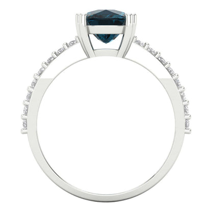 3.48 cttw Natural London Blue Topaz Solitaire with Zirconia Simulated Diamond Accents Engagement Ring - Solid Gold (Long Cushion Cut,9x7mm)