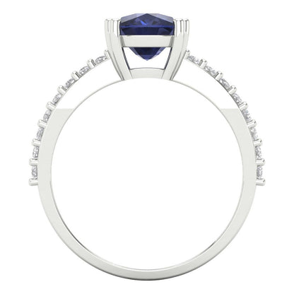 3.48 cttw Simulated Blue Sapphire Solitaire with Zirconia Simulated Diamond Accents Engagement Ring - Solid Gold (Long Cushion Cut,9x7mm)