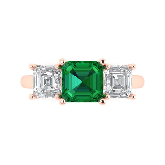 4 cttw Simulated Emerald Three-Stone Engagement Ring - Solid Rose Gold (VVS1, Square Emerald Cut,7.0X7.0mm)