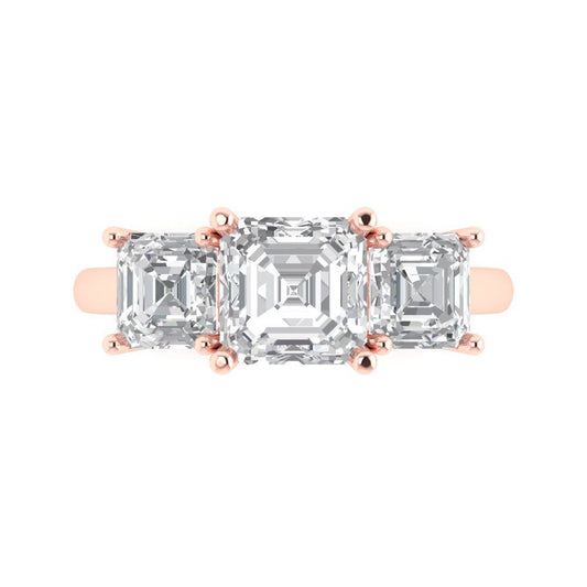 4 cttw White Sapphire Three-Stone Engagement Ring - Solid Rose Gold (VVS1, Square Emerald Cut,7.0X7.0mm)