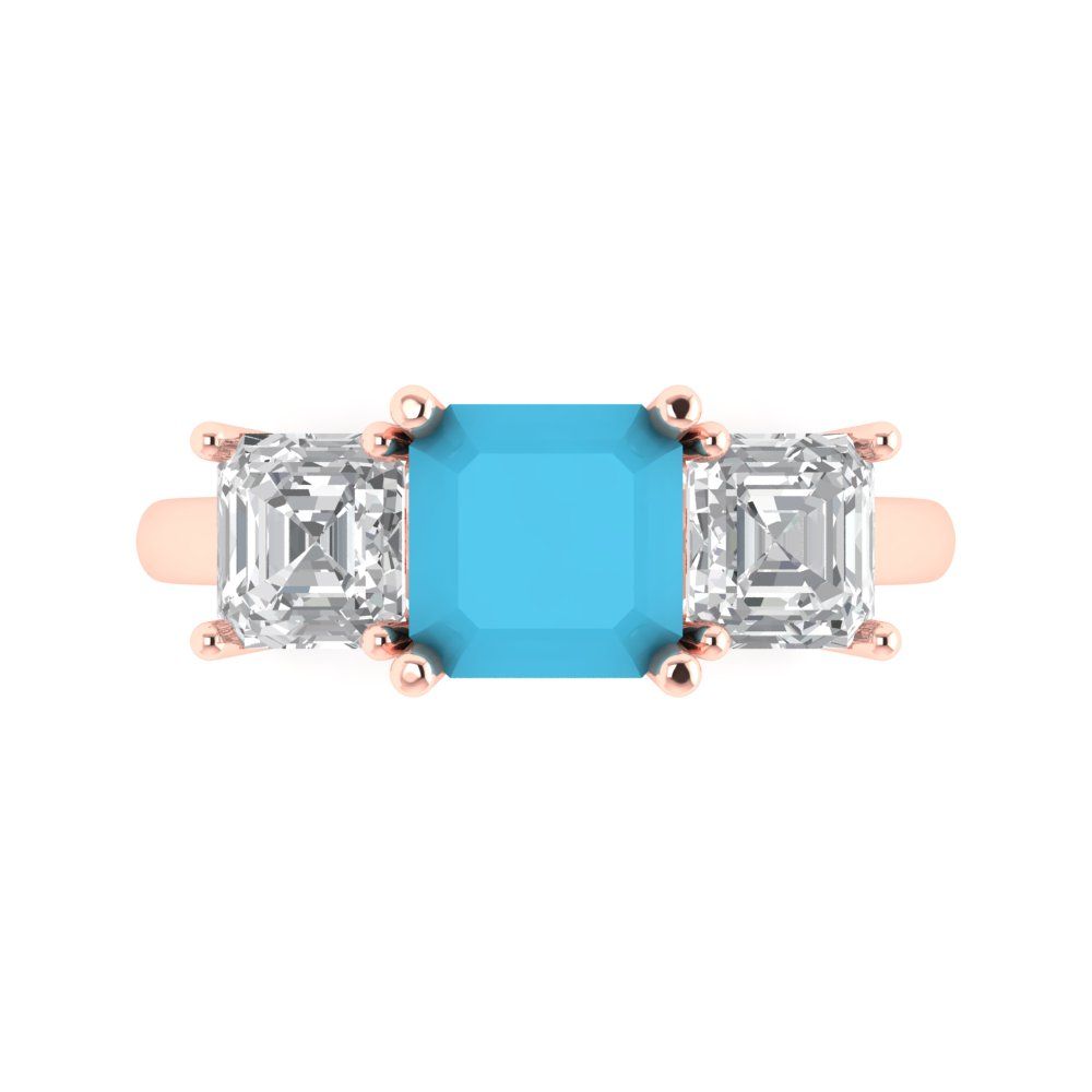 4 cttw Simulated Turquoise Three-Stone Engagement Ring - Solid Gold (Square Emerald Cut,7.0X7.0mm)