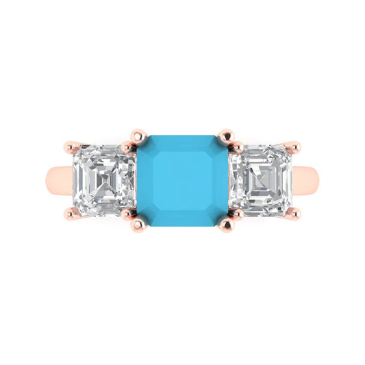 4 cttw Simulated Turquoise Three-Stone Engagement Ring - Solid Rose Gold (VVS1, Square Emerald Cut,7.0X7.0mm)