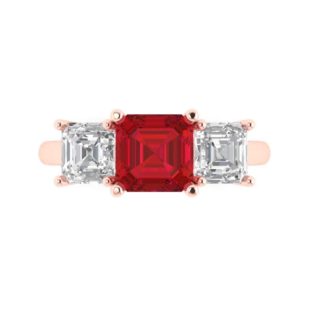 4 cttw Simulated Pink Tourmaline Three-Stone Engagement Ring - Solid Gold (Square Emerald Cut,7.0X7.0mm)
