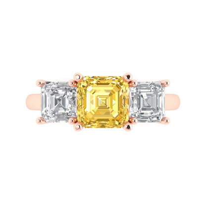 4 cttw Zirconia Simulated Yellow Diamond Three-Stone Engagement Ring - Solid Gold (VVS1, Square Emerald Cut,7.0X7.0mm)