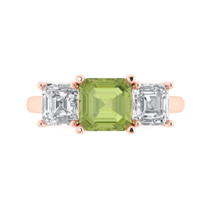 4 cttw Natural Peridot Three-Stone Engagement Ring - Solid Gold (Square Emerald Cut,7.0X7.0mm)