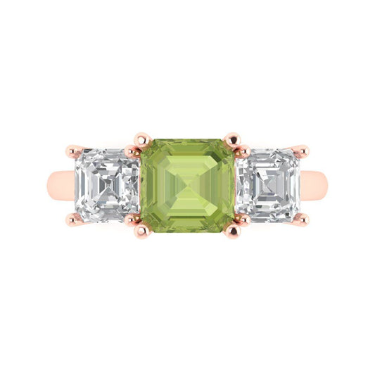 4 cttw Natural Peridot Three-Stone Engagement Ring - Solid Rose Gold (VVS1, Square Emerald Cut,7.0X7.0mm)
