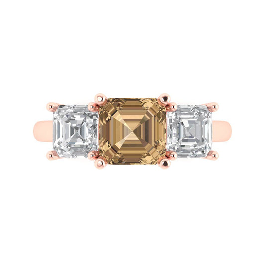 4 cttw Zirconia Simulated Champagne Diamond Three-Stone Engagement Ring - Solid Rose Gold (VVS1, Square Emerald Cut,7.0X7.0mm)